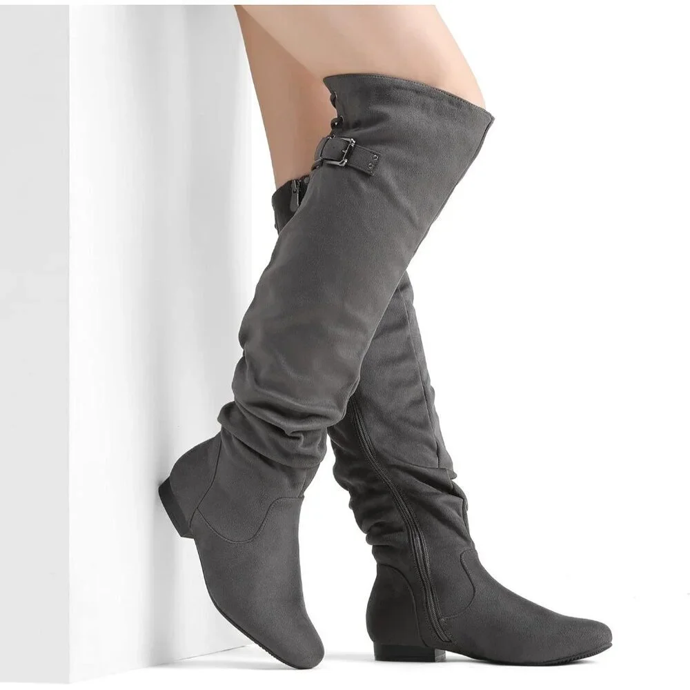 Women's Grey Suede Over The Knee Thigh High Comfortable Low Heel Winter Boots